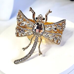 Gold Statement Hinge/ Clamper Bangle Bracelet Dragonfly with Clear Crystals New